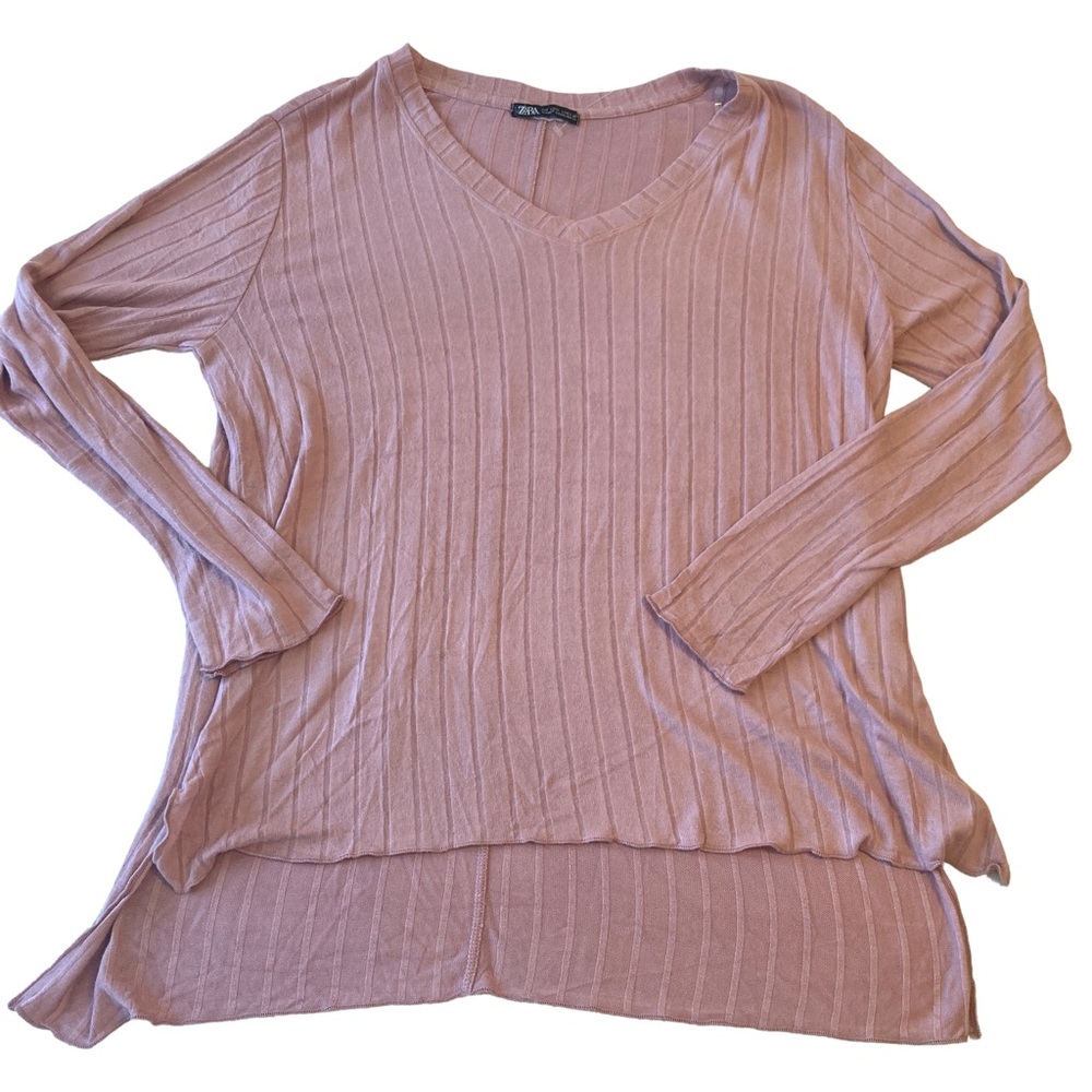 Zara pink ribbed v-neck tunic sweater high low hem size L large NWOT